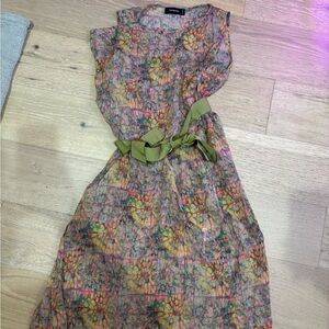 NWOT CIVIDINI 100% Silk Sleeveless Colorful Floral Dress with Green Belt